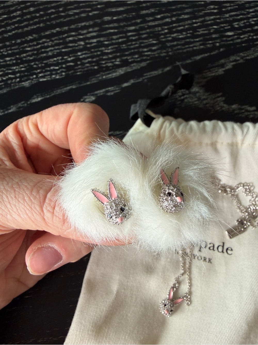 kate spade White Faux Fur Bunny Earrings and Silver Bunny Pendant Necklace - Picture 2 of 3